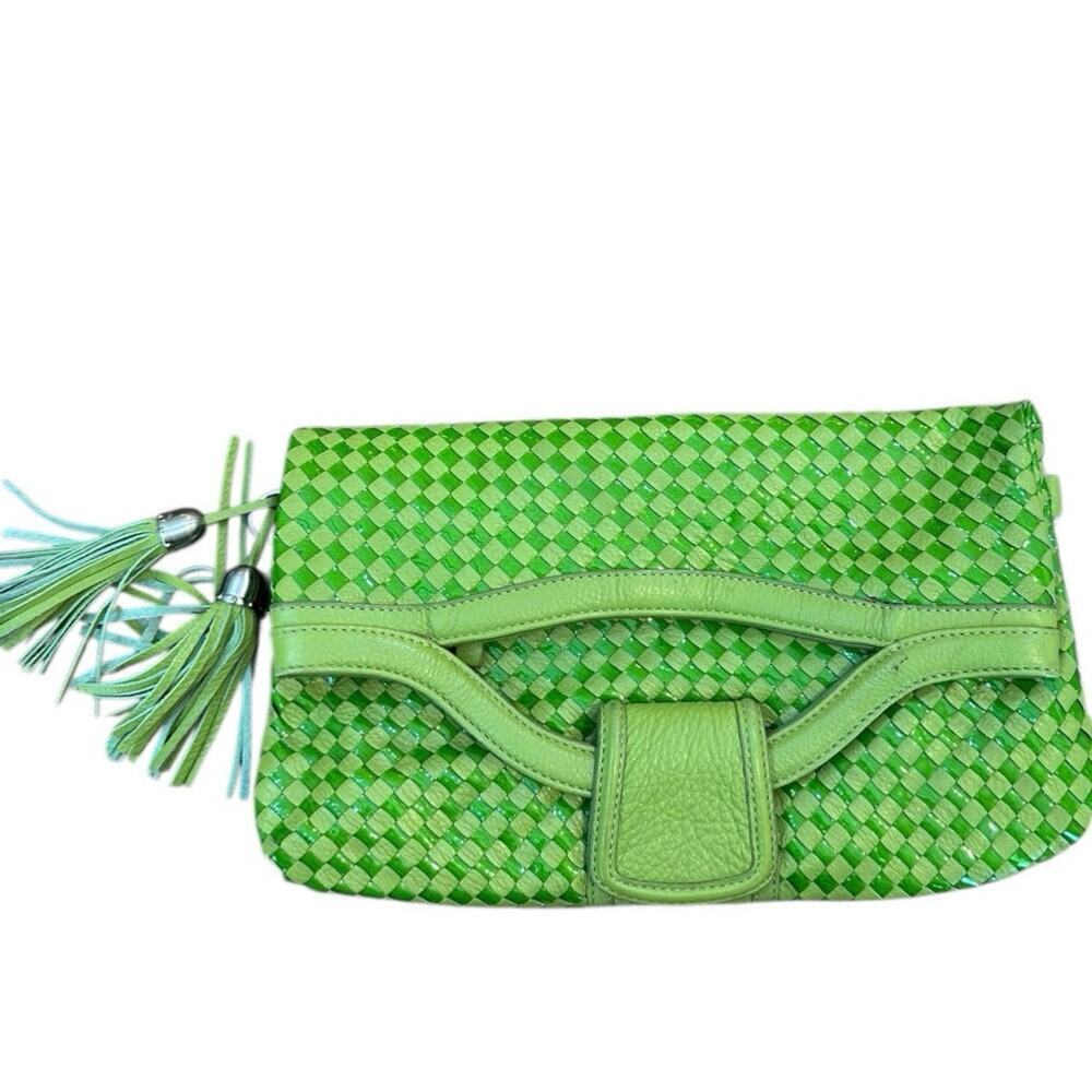 Elliott Lucca Women's Green Woven Leather Vinyl Foldover Satchel Shoulder Bag